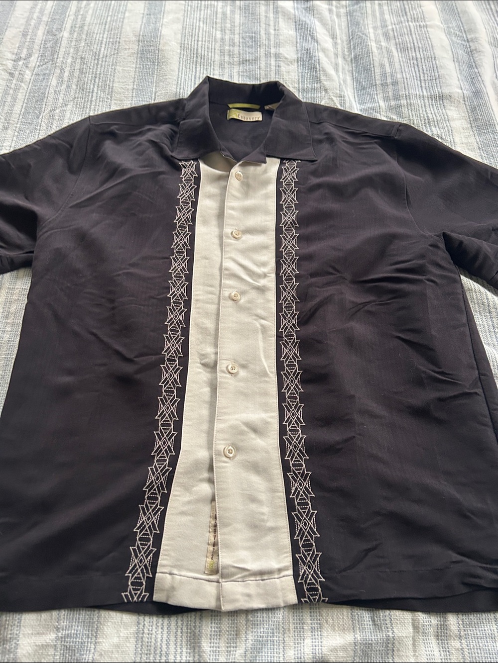 Cubavera Black Shirt Jacket with Cream Placket and Embroidered Trim